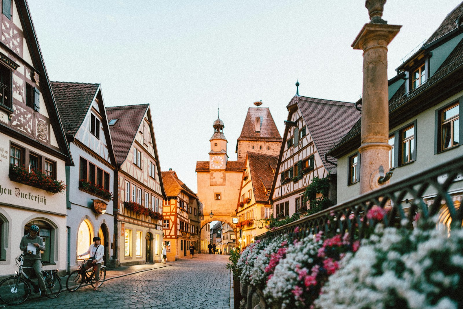 A historic European street at golden hour